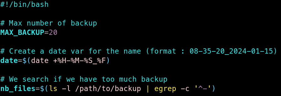 Script bash définissant différentes variables