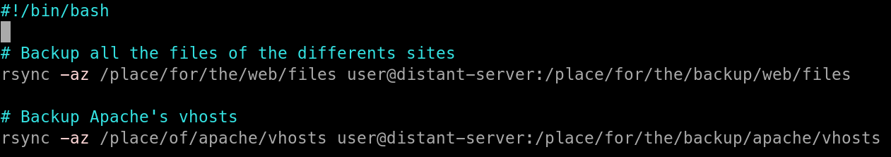 Capture d'écran d'un script bash utilisant rsync afin de copier des fichiers d'un serveur à un autre
